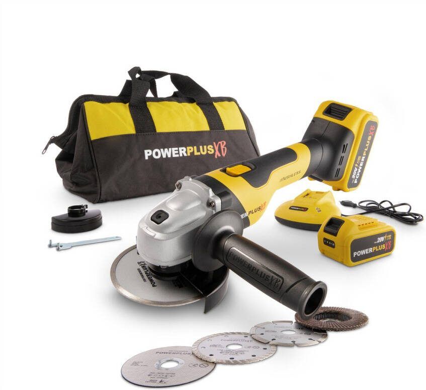 Powerplus accu haakse slijper POWXB20030 20V slijpmachine slijpschijf 115mm ᴓ met 2 accu's 4.0Ah en 1 lader 5 acc