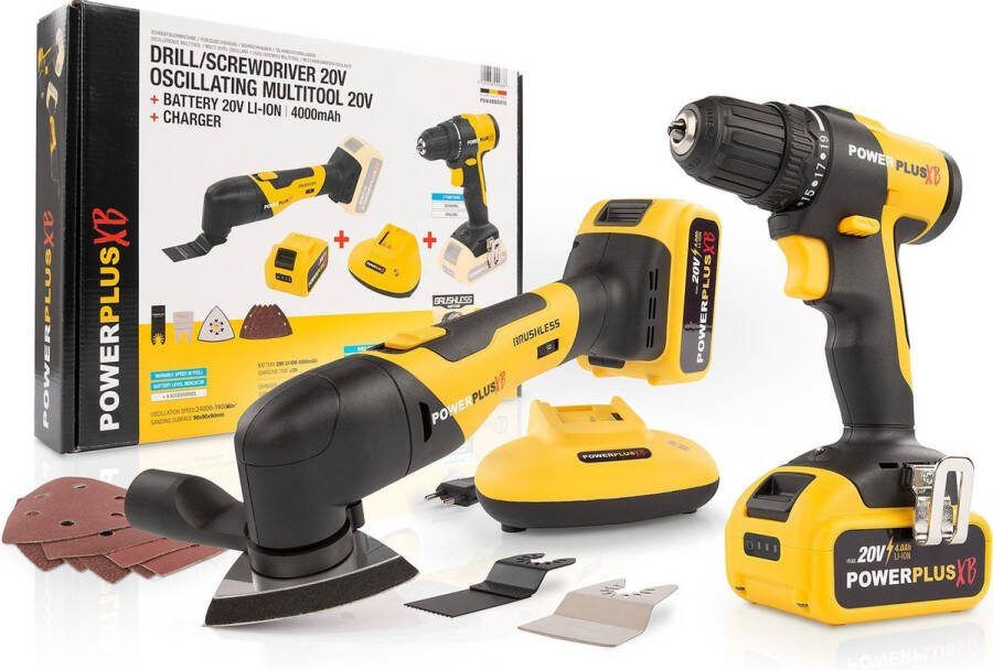 Powerplus POWXBBOX10 Accu Gereedschapscombiset 20V Brushless Schroefboormachine + Multitool + 1x accu 20V 4.0Ah + lader + 9 accessoires