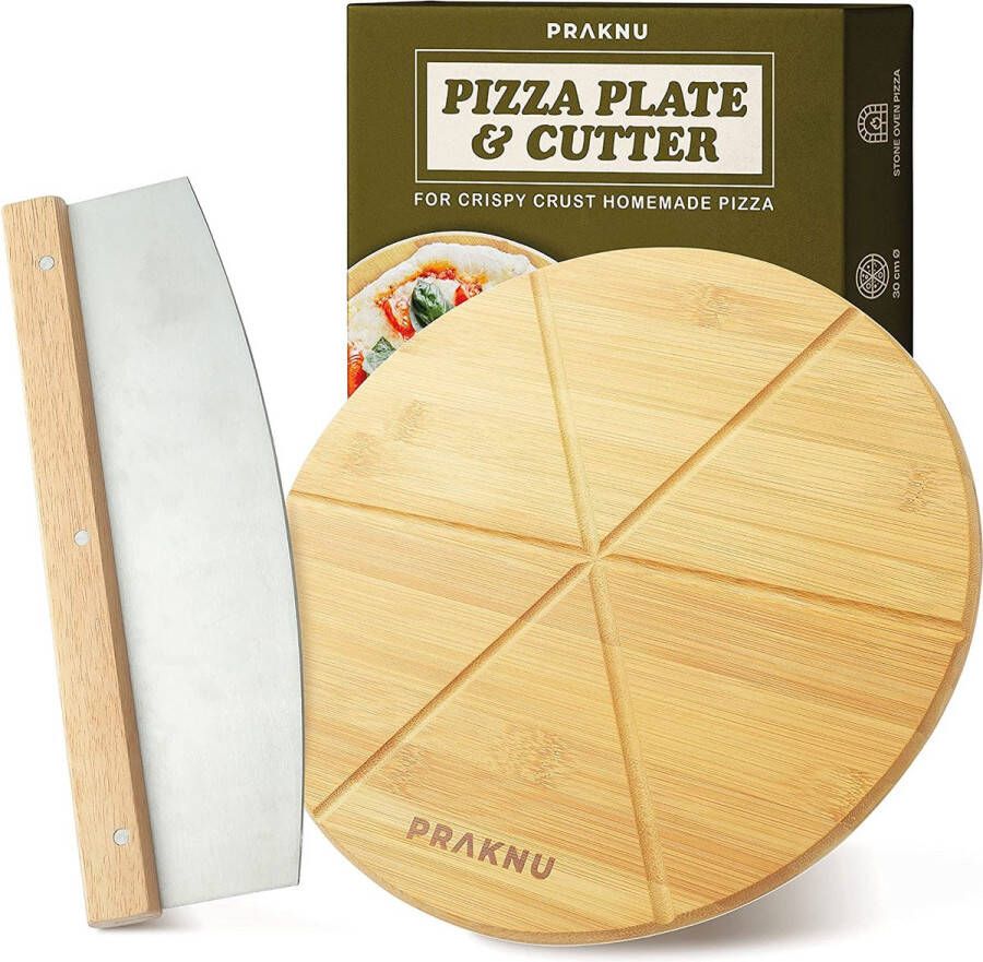 Praknu Houten Pizzabord met pizzasnijder-Set van 2 Rvs Pizzamesje met scherp lemmet