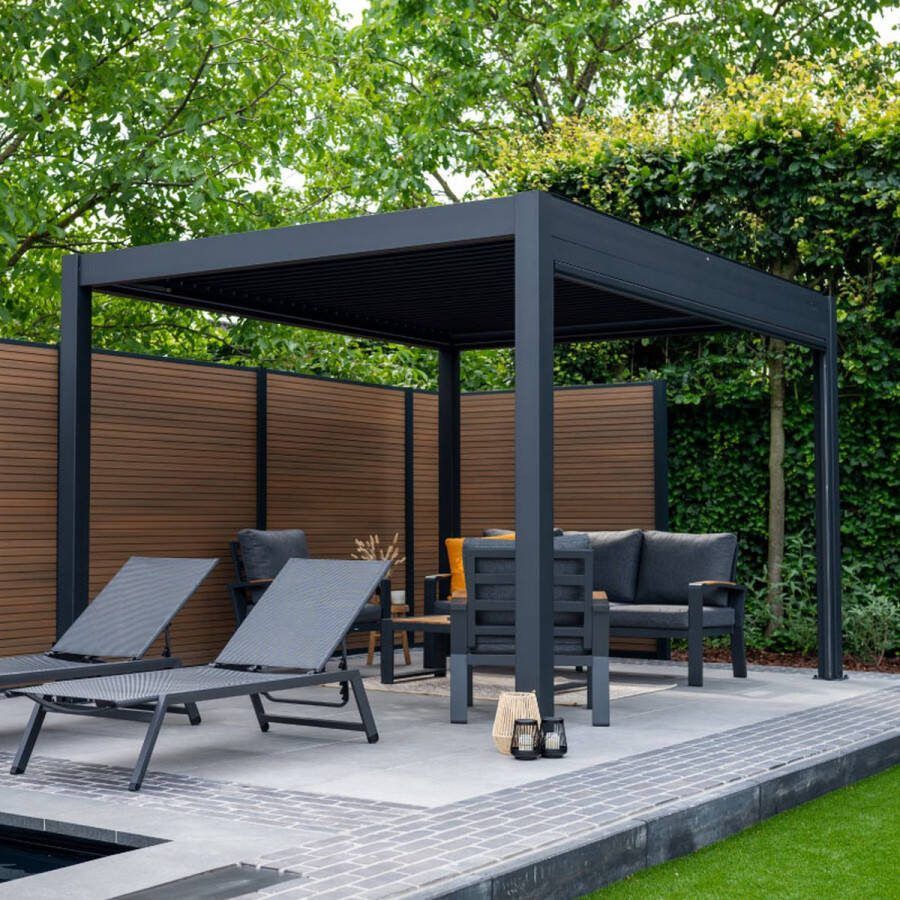 Pratt & Söhne Pergola Rivièra 4x3 m Moderne terrasoverkapping met elektrische kantelbare Lamellen zonwering Weerbestendig Paviljoen van aluminium Prieel met LED-verlichting Pergola Carport Veranda of Tuinoverkapping Antraciet