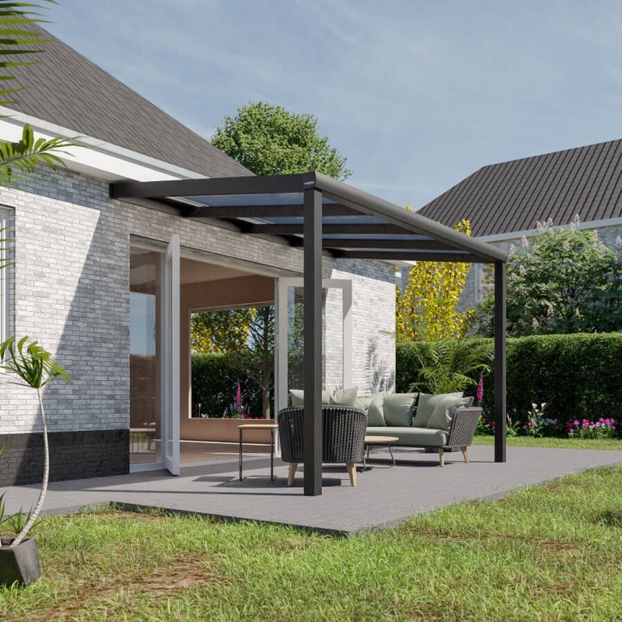 Pratt & Söhne terrasoverkapping 4x2.5 m Overkapping tuin met helder en weerbestendig polycarbonaat Veranda met zonwering en poten van aluminium Antraciet