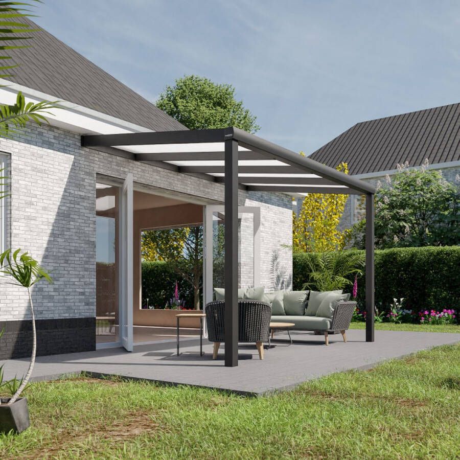 Pratt & Söhne terrasoverkapping 4x2.5 m Overkapping tuin met opaal polycarbonaat voor zonwering Veranda van aluminium en weerbestendig Antraciet