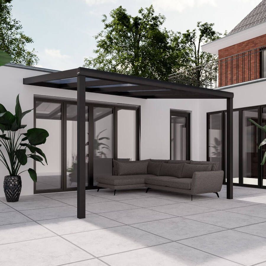 Pratt & Söhne terrasoverkapping 4x3.5 m Overkapping tuin met helder en weerbestendig polycarbonaat Veranda met zonwering en poten van aluminium Antraciet