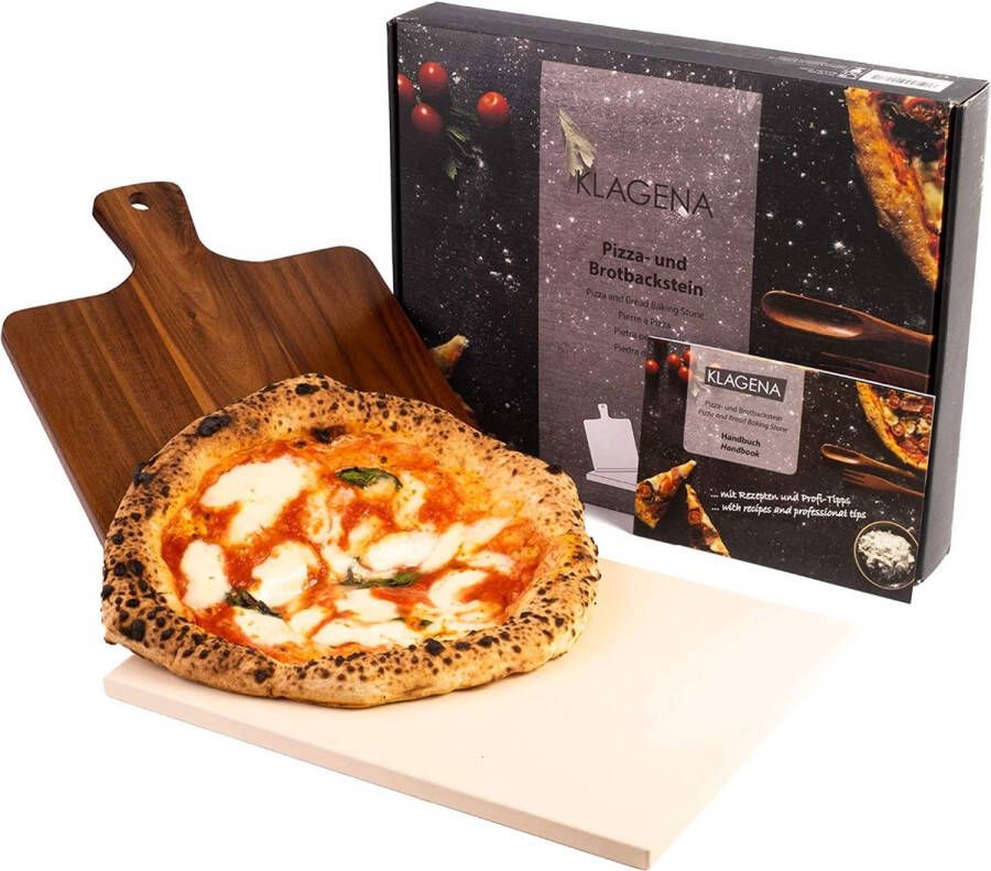 PRETEX Gourmeo Pizzasteenset met bamboe schep 38 x 30 cm vierkant cordierite pizzasteen voor oven gasgrill en grill gelijkmatige warmteverdeling en eenvoudige reiniging