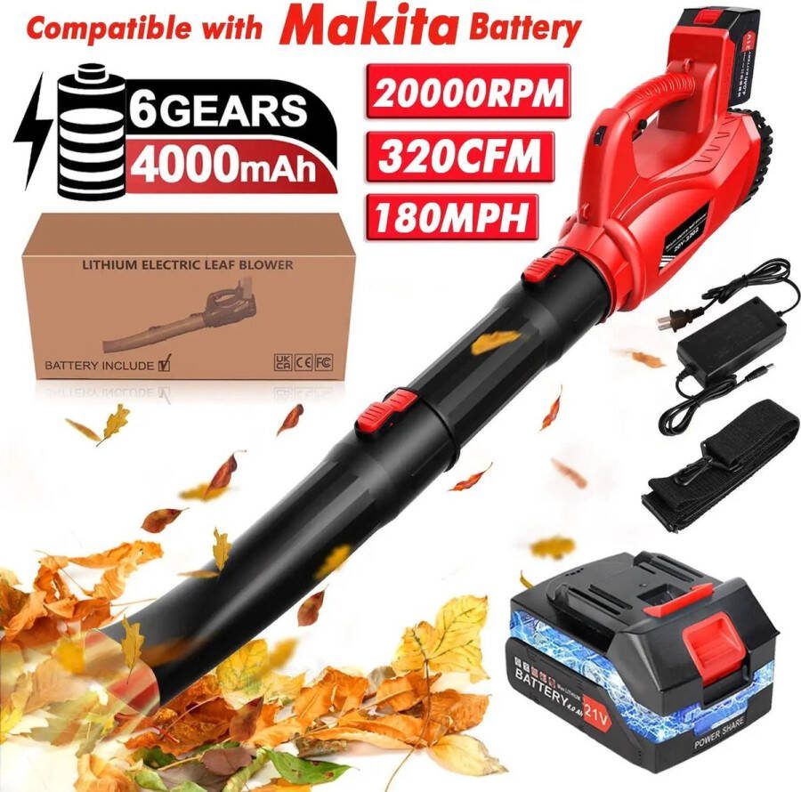 PrimePicks 21V Electrische Draadloze Bladblazer 4000Mah 290 km uur 2 Sectie Buizen 6 Snelheidsstanden Gazononderhoud Sneeuwresten