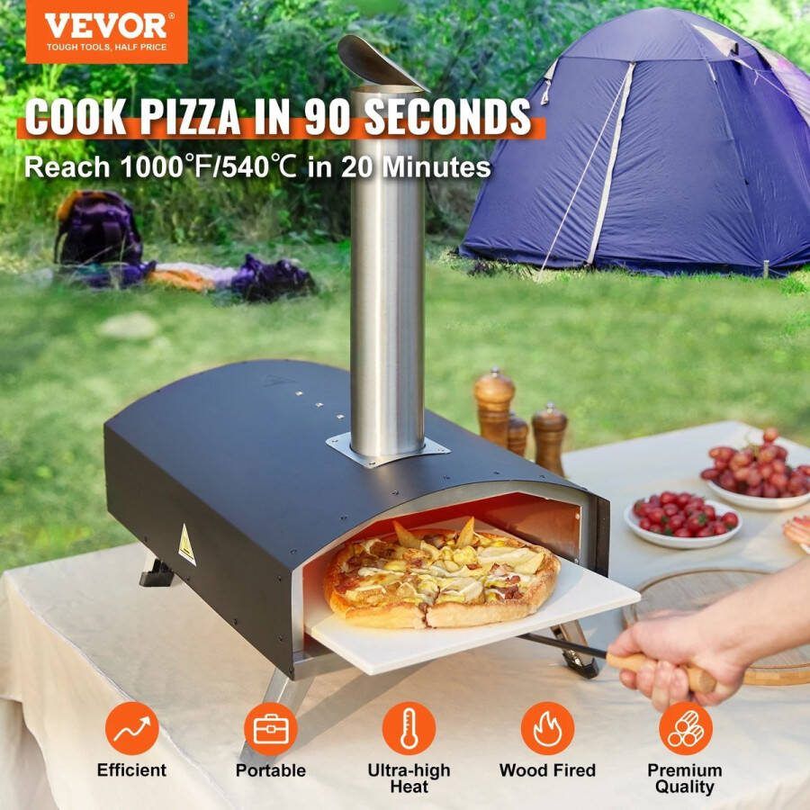 PrimePicks Pizza Oven Draagbare Pizza Oven Houtgestookt Food Grade RVS Draagbaar Pizzaovens 30 cm Pizza Oven Buiten 540℃ 90 Sec Baktijd Zwart