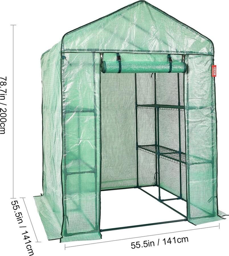 PrimePicks Broeikas Kweekkas Walk-In Tuinkas Metalen Frame Waterproof 141x141x200cm 15 kg Draagkracht Ritssluiting Indoor & Outdoor Groen
