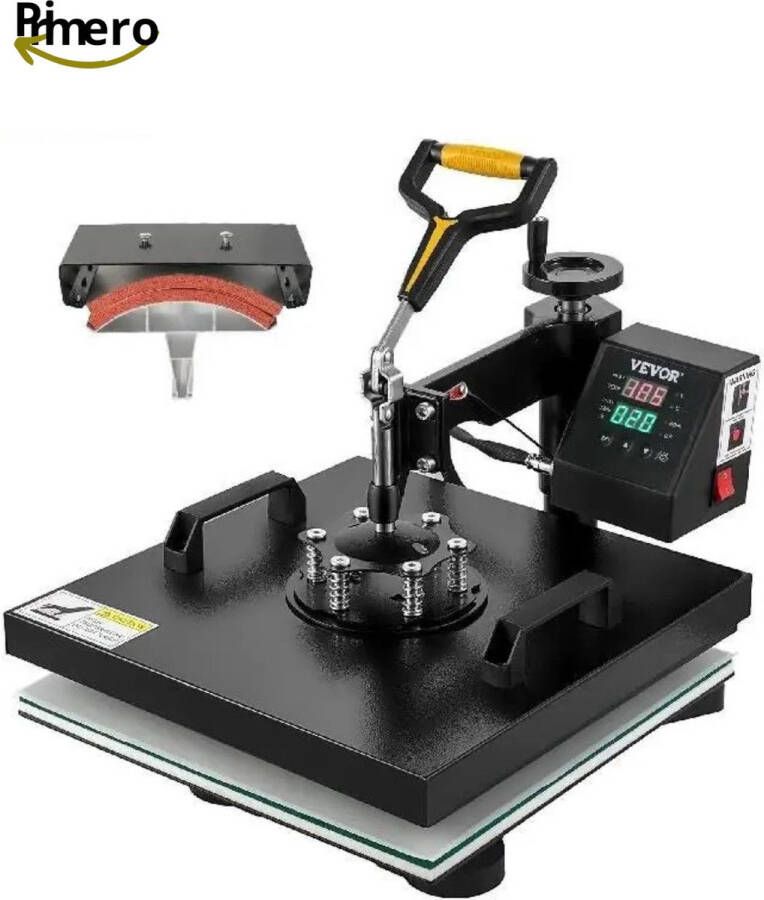 Primero Transferpers Multifunctionele hittepers inclusief hoeddruk heat press 360 Graden Swing Away verstelbare hoogte én temperatuur Zwart