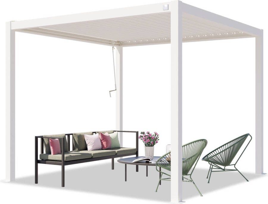 PRIMEYARD Pergola 3x3 m staanders van aluminium met stalen lamellendak paviljoen wit
