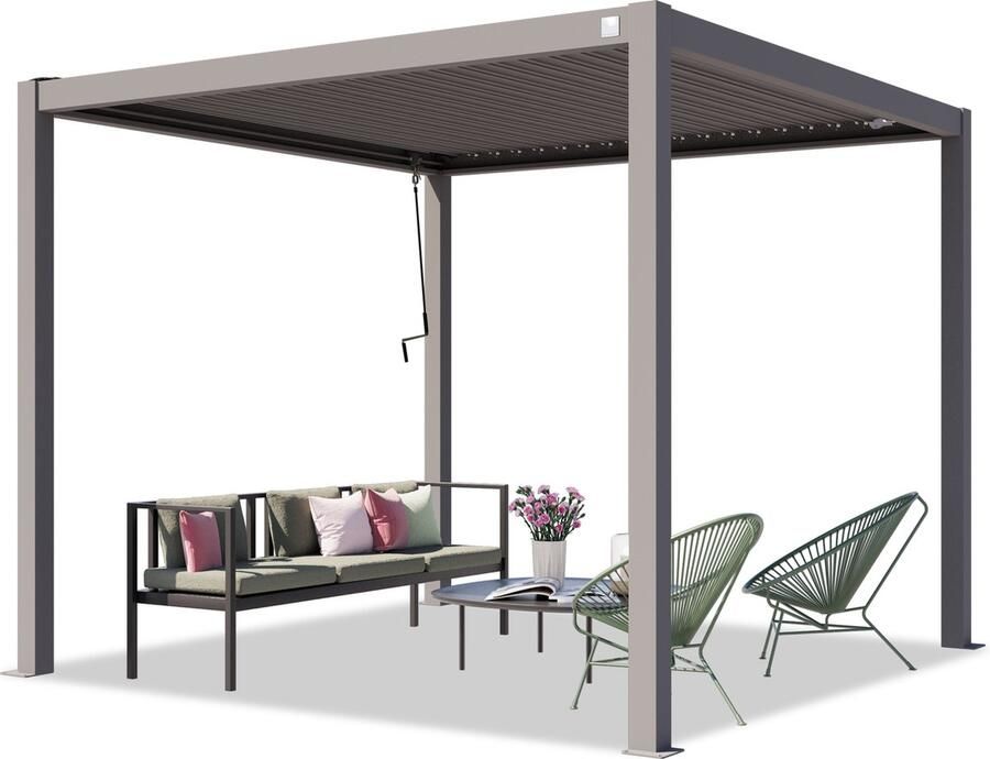 PRIMEYARD Pergola 3x3 m staanders van aluminium met stalen lamellendak paviljoen grijs
