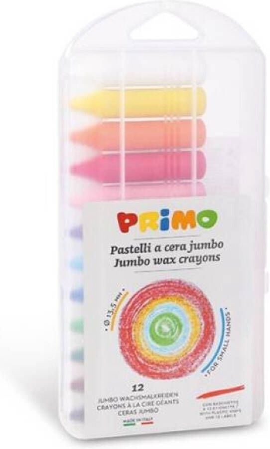 PRIMO 13 5 x 65 mm Jumbo waskrijtjes zonder papieren banderol in een PP doosje 12 kleuren