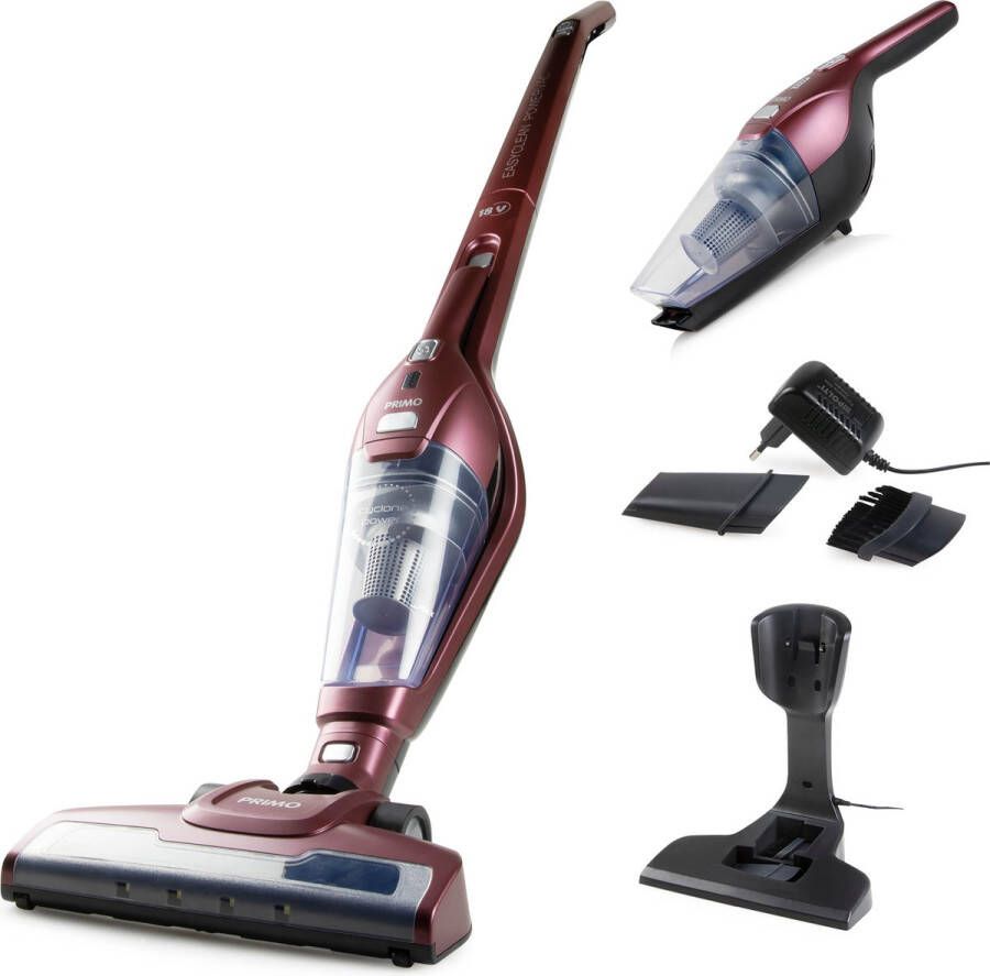 Primo PR508SV Steelstofzuiger Draadloos 2-in-1 Stofzuiger Zonder Zak Kruimelzuiger HEPA Filter Bordeaux