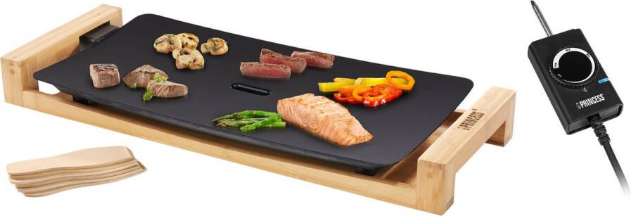 Princess 103026 Table Chef Pure Black- Gourmetplaat Bakplaat Grillplaat 50x25 cm 2200 Watt Regelbare thermostaat 2 meter snoer -Bamboe