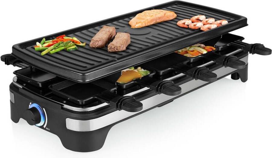 Princess Gourmetstel XL 162650 Raclette 10 personen Grill & Bakplaat Groot 49x21cm Extra lang 2 meter snoer Regelbare thermostaat 1500 W Zwart 10 pannetjes