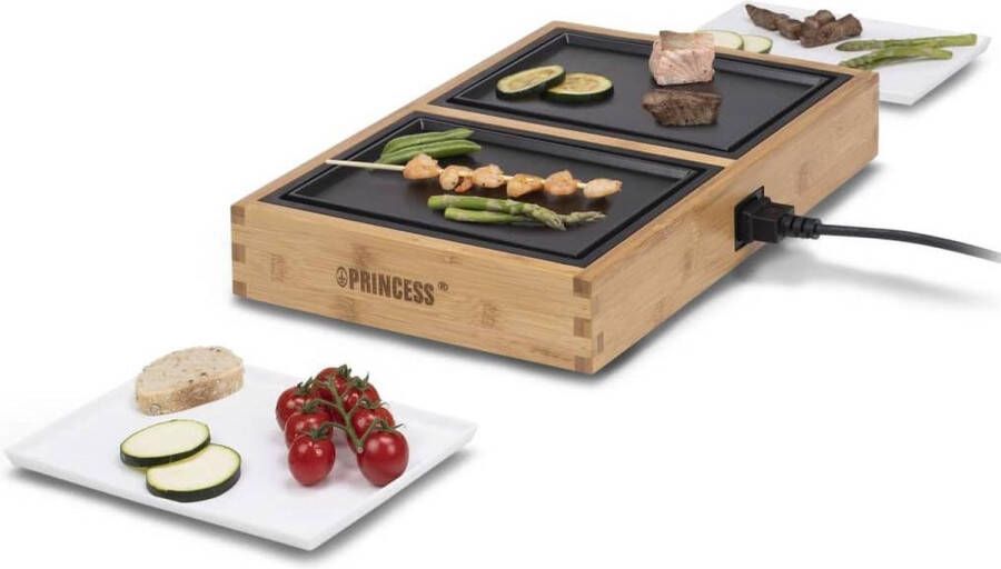 Princess 104020 Dinner4two Pure Gourmetset 2 x 210 Watt bakplaat 2 meter snoer 2 personen Bamboe Uit te breiden tot 10 personen