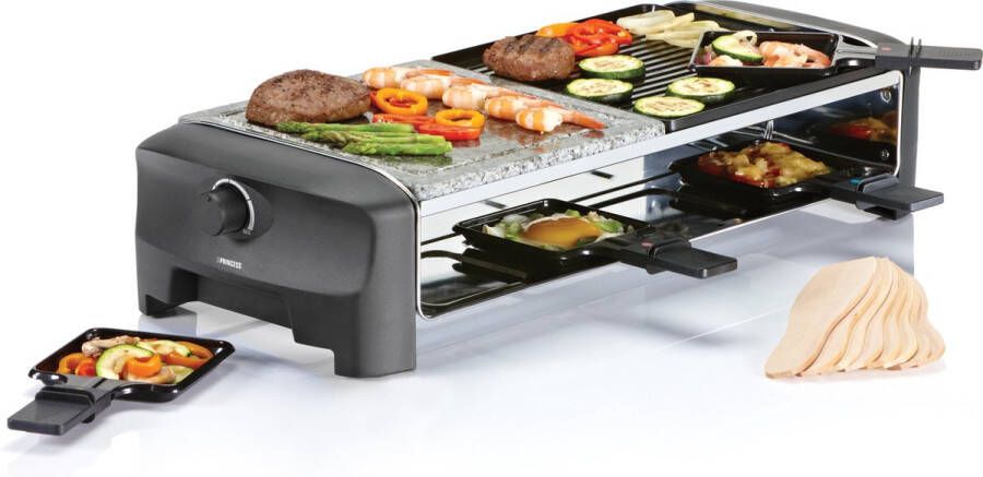 Princess Gourmetstel 162820 Grill & Bakplaat – Omkeerbare plaat en Steengrill 8 personen 42 x 21 cm 2 meter snoer Regelbare thermostaat 1400W 8 pannetjes