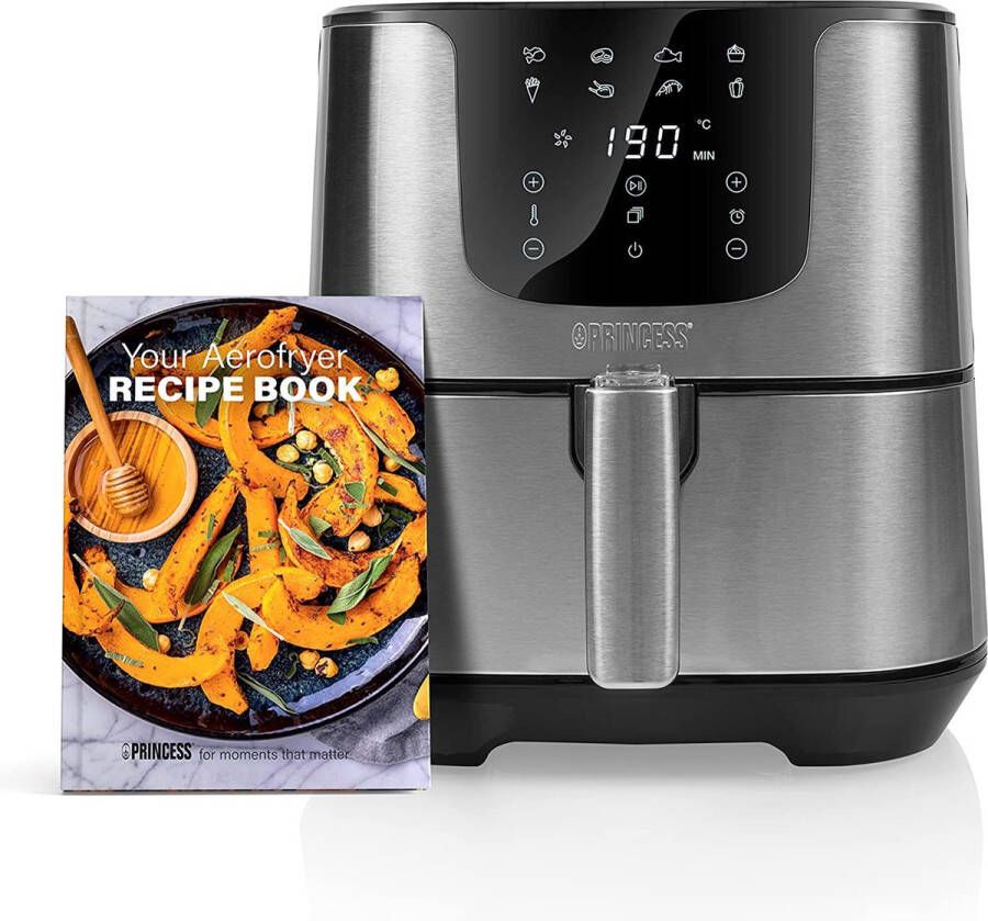 Princess Digitale Airfryer Deluxe XXL 182060 – Heteluchtfriteuse 5.5 liter 8 voorgeprogrammeerde programma s Inclusief airfryer mandje RVS