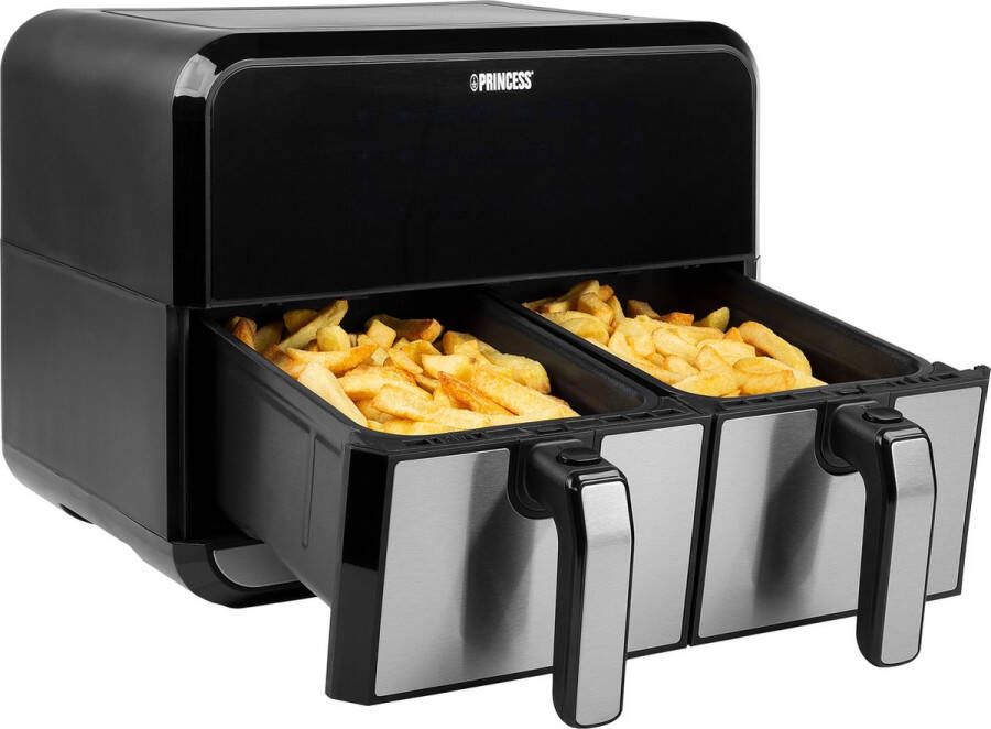 Princess Dubbele Airfryer 182074 – 2 manden x 4 liter – Digital touchscreen Dubbele heteluchtfriteuse -RVS Zwart