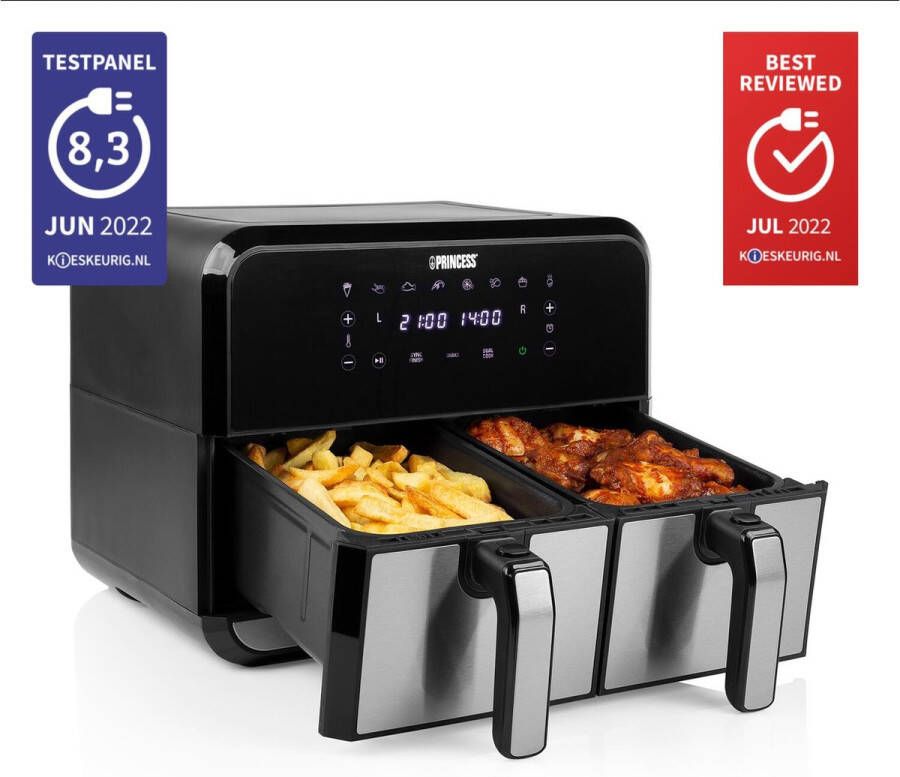 Princess Dubbele Airfryer 182074 – 2 manden x 4 liter – Digital touchscreen Dubbele heteluchtfriteuse -RVS Zwart