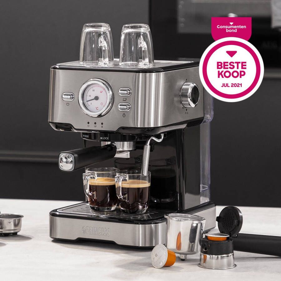 Princess 249412 Espressomachine – Met melkopschuimpijpjes voor cappucino en latte macchiato – 2 kopjes