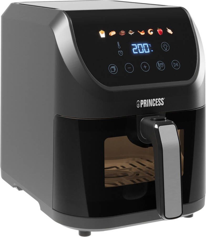 Princess Airfryer XL 5L Compacte Digitale Heteluchtfriteuse Transparant Kijkvenster Touchscreen en 8 Programma's Slank Ontwerp en Vetvrij Koken 1500W Inclusief Grillrek Zwart 182240