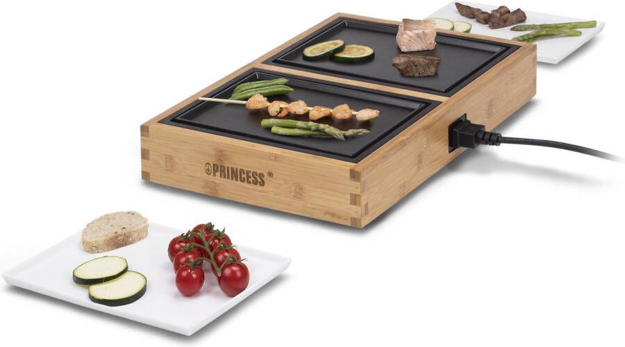 Princess 104020 Dinner4two Pure Gourmetset 2 x 210 Watt bakplaat 2 meter snoer 2 personen Bamboe Uit te breiden tot 10 personen