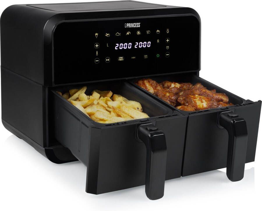 Princess Double Basket Airfryer 182068 Dubbele heteluchtfriteuse 2 manden x 4 liter 8 voorgeprogrammeerde programma s Touchscreen Zwart