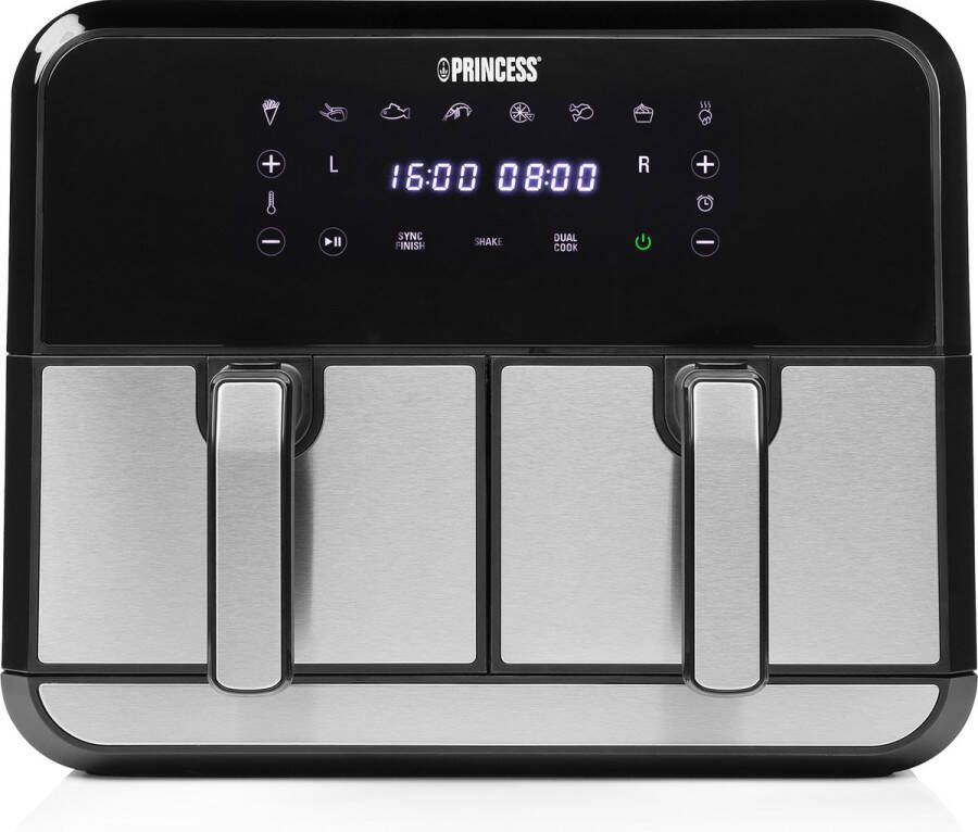 Princess Dubbele Airfryer 182074 – 2 manden x 4 liter – Digital touchscreen Dubbele heteluchtfriteuse -RVS Zwart