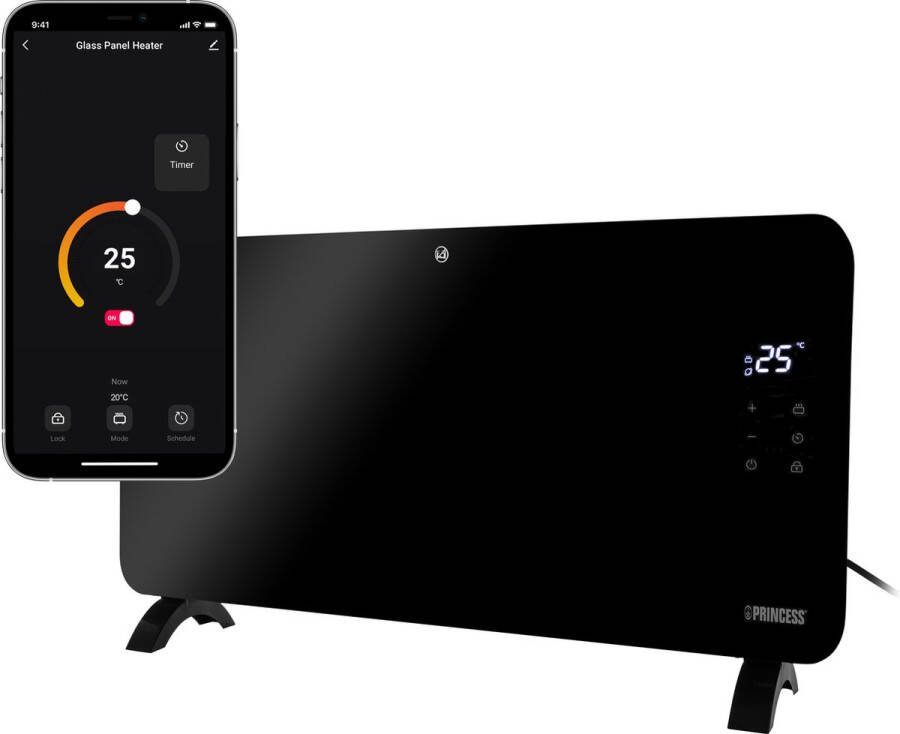 Princess Elektrische kachel – Verwarmingspaneel 348150 – Verwarming Inclusief mobiele app LED touchscreen 1500W – 76 x 38 cm 24 m² – Vrijstaand Wandmontage – Energiezuinig