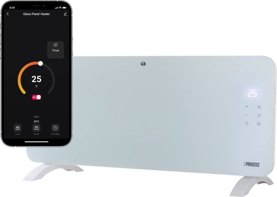 Princess Elektrische kachel – Verwarmingspaneel 348201 – Verwarming Inclusief mobiele app LED touchscreen 2000W