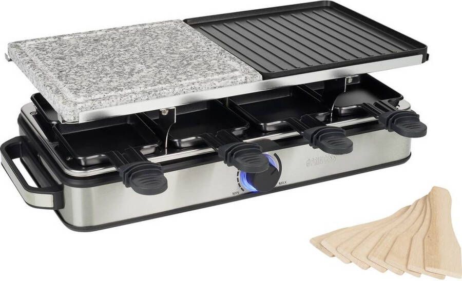 Princess Gourmetstel 162635 Raclette 8 Personen Steen en Grill Deluxe 21 x 42 cm 2 meter snoer Regelbare thermostaat 1400W RVS