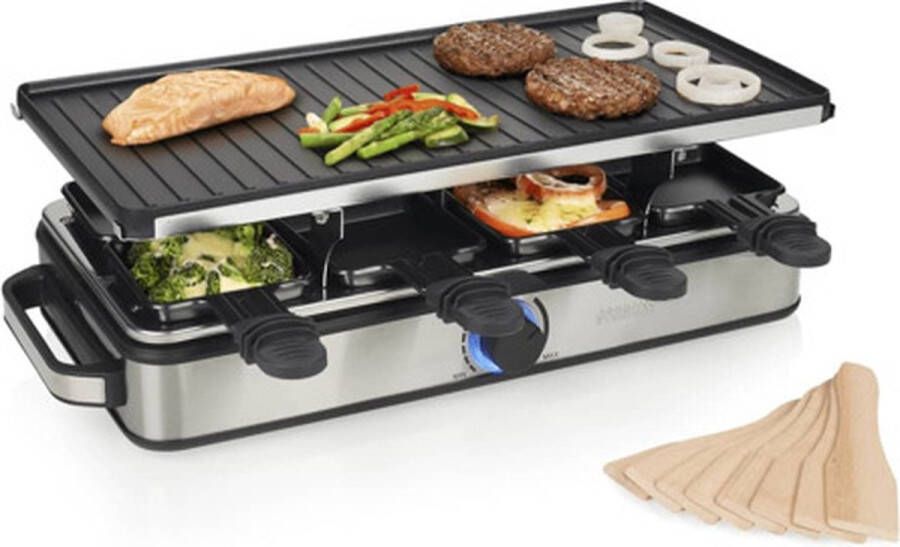 Princess Gourmetstel 162645 Raclette 8 Personen Regelbare thermostaat 1400W 2 meter snoer Omkeerbare Bakplaat 8 pannetjes RVS