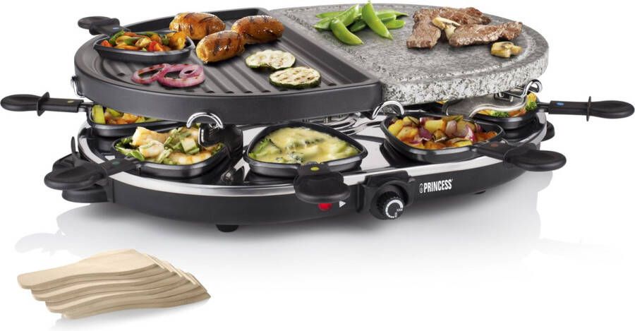 Princess Gourmetstel 162710 Raclette Oval Steengrill Party – Bakplaat en Steengrill – 8 personen 2 meter snoer Regelbare thermostaat 1200W 8 pannetjes