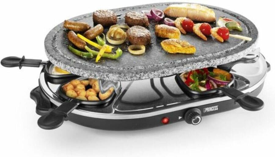 Princess Gourmetstel 162720 Oval Steengrill & Raclette Party – 8 personen 2 meter snoer Regelbare thermostaat 1200W 8 pannetjes