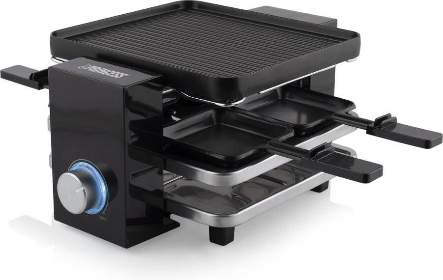 Princess Gourmetstel 162915 Raclette Piano Black 4 personen – Parking deck voor gebruikte pannetjes – 2 meter snoer 700W Regelbare thermostaat Zwart