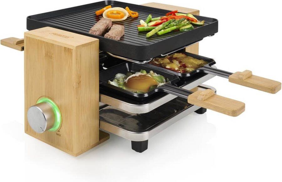Princess Gourmetstel 162950 Raclette Pure 4 personen Grill & Bakplaat Inclusief 4 pannetjes Regelbare thermostaat 800W 2 meter snoer Anti-aanbaklaag Bamboe
