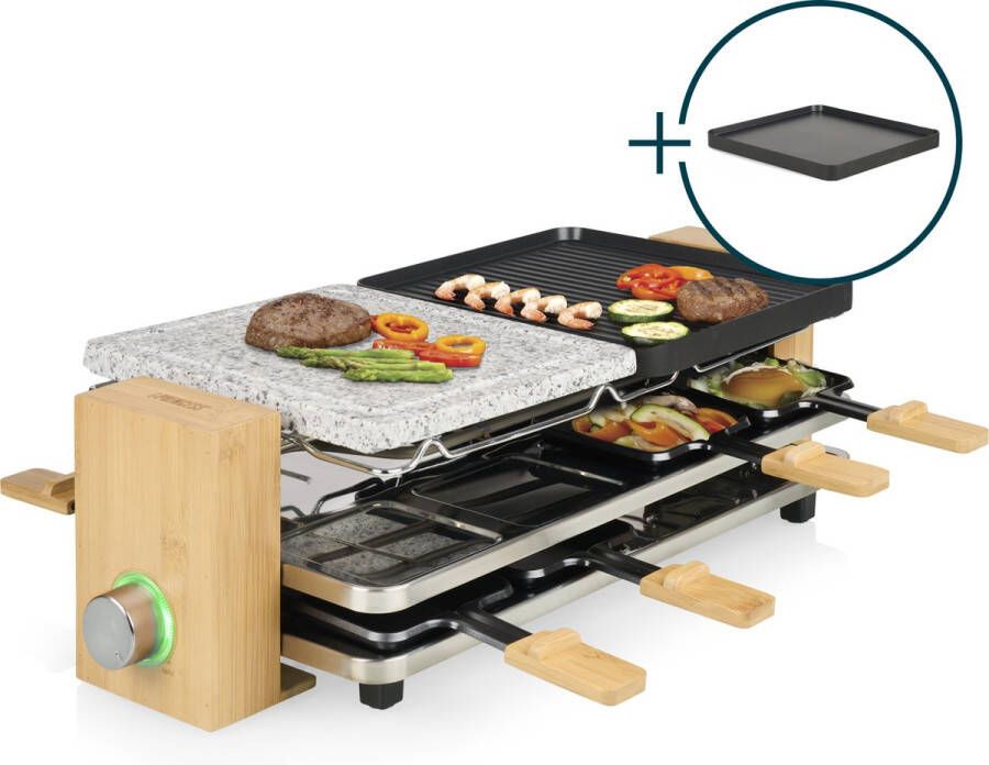 Princess 162955 Raclette en Steengrill Pure 8 Bamboe Regelbare thermostaat 1300W 2 grillplaten en extra Steengrill 8 pannetjes 2 meter snoer Parking deck voor ongebruikte pannetjes