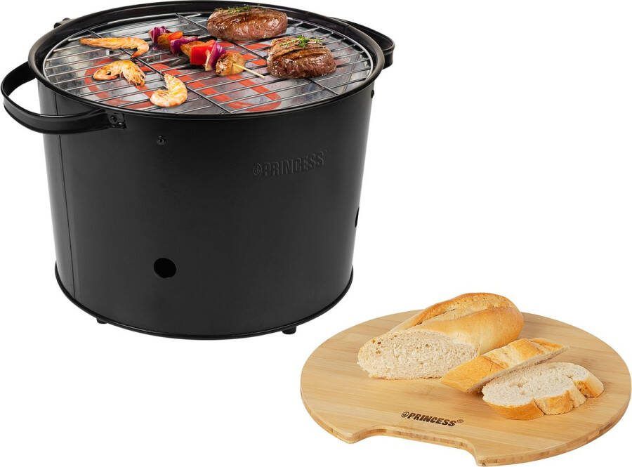 Princess Houtskool BBQ 112240 Hybride Bucket Barbecue Elektrische BBQ Met en zonder houtskool te gebruiken Park Barbecue 1400W Diameter 32cm met serveerplank bbq accesoires