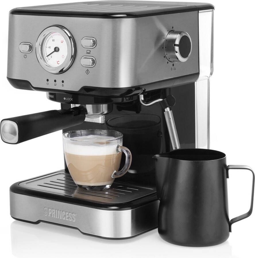 Princess Koffiezetapparaat 249412 Espressomachines voor gemalen koffie – Met melkopschuimpijpjes voor cappucino en latte macchiato – 2 kopjes Consumentenbond Beste Koop
