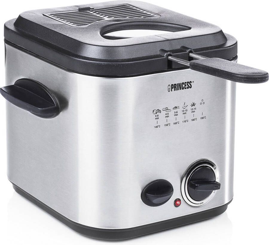 Princess Mini Friteuse en Fondue 182611 – 1.2 liter Regelbare thermostaat – Geurfilter Kijkvenster 6 fonduevorken Frituurmandje geborsteld RVS