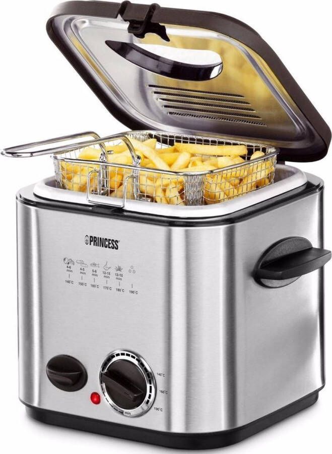 Princess Mini Friteuse en Fondue 182611 – 1.2 liter Regelbare thermostaat – Geurfilter Kijkvenster 6 fonduevorken Frituurmandje geborsteld RVS