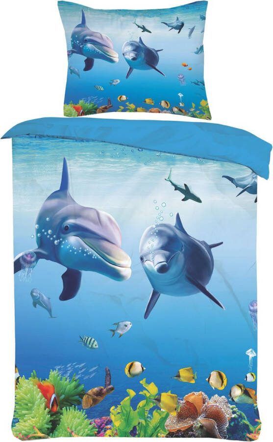 Princessdekbedden Kinder dekbedovertrek Set Blauw Dolfijnen & vissen 1Persoons- 140x220cm +1 kussensloop 60x70 cm