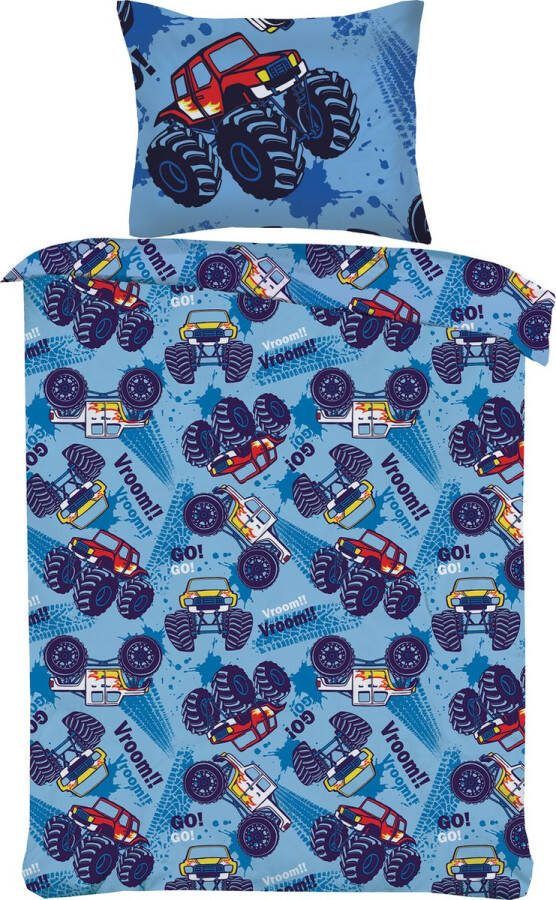 Princessdekbedden Kinderdekbedovertrek Dekbedovertrek set-Monster truck- Vroom-Rood-Lichtblauw-Eenpersoons -140 x 220-cm + 1 kussensloop 60x70cm