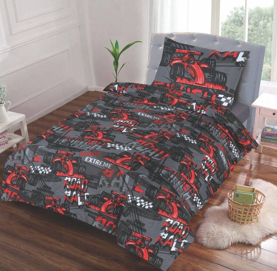 Princessdekbedden Kinderdekbedovertrek -Raceauto-Rood-Antraciet-Eenpersoons -140 x 220-cm + 1 kussensloop 60x70cm