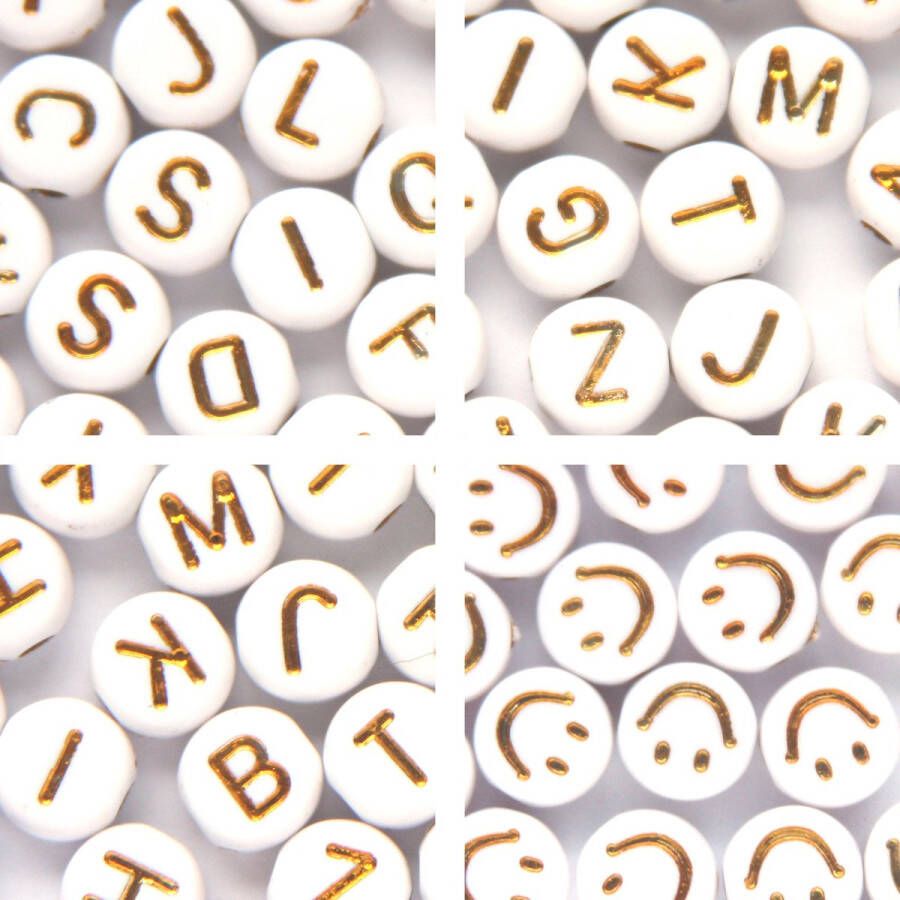 Principessa Letterkralen set – Alfabetkralen en Smileykralen :-) – Unieke mix 425 stuks – Wit Goud – 7mm kraal – Zelf sieraden maken voor kinderen en volwassenen – DIY