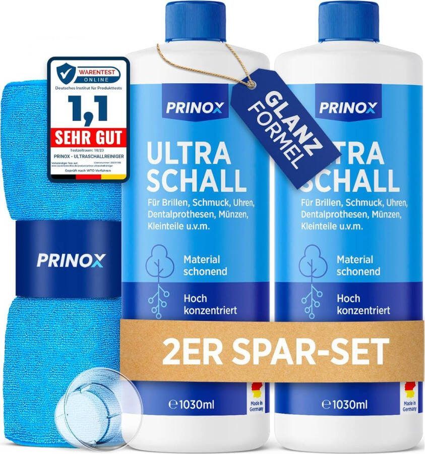 Prinox Ultrasoon reiniger Concentraat 2x 1030ml Ultrasoonreinigers ultrasoon vloeistof voor brillen sieraden kunstgebitten & kleine onderdelen voor 700 baden per fles