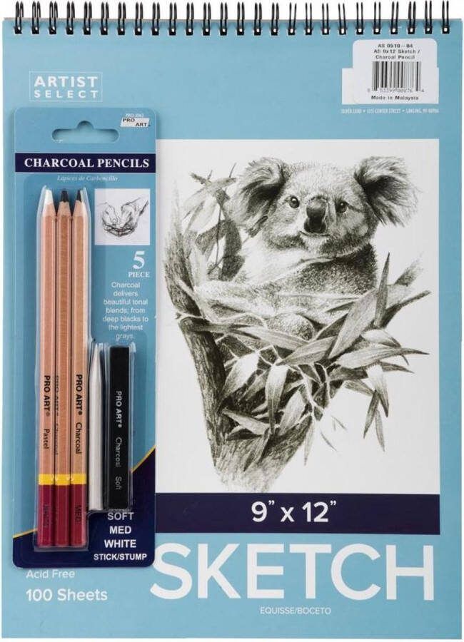 Pro Art Schetsblok van 22x30cm + set met houtskool potloden olifant