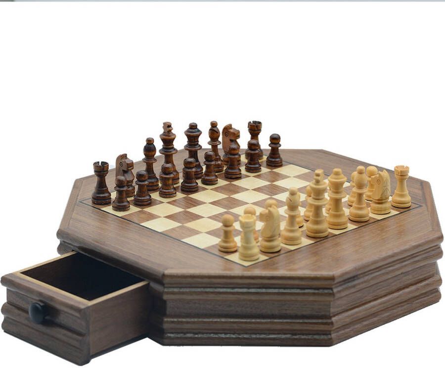 Pro-Care XL Hexagon Super de Luxe Walnoot Handgemaakt Schaakbord Super Sized 33x33x6cm Walnoot Esdoorn Walnoot Schaakstukken Wit en Zwart in Ingebouwde Laden Schaken Schaakspel Chess