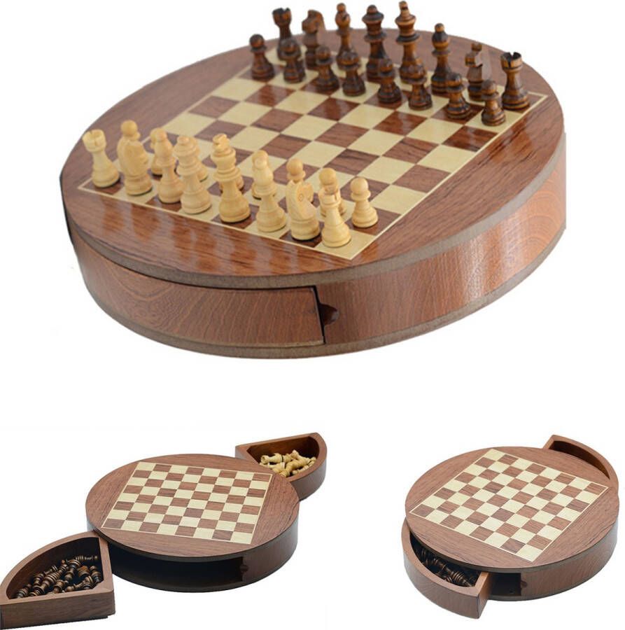 Pro-Care XL Rond Super de Luxe Walnoot Handgemaakt Schaakbord Super Sized 33x33x6cm Walnoot Esdoorn Walnoot Schaakstukken Wit en Zwart in Ingebouwde Laden Schaken Schaakspel Chess