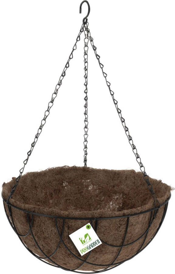 Pro Garden Metalen hanging basket plantenbak zwart met ketting 30 cm inclusief kokosinlegvel Hangende bloemen